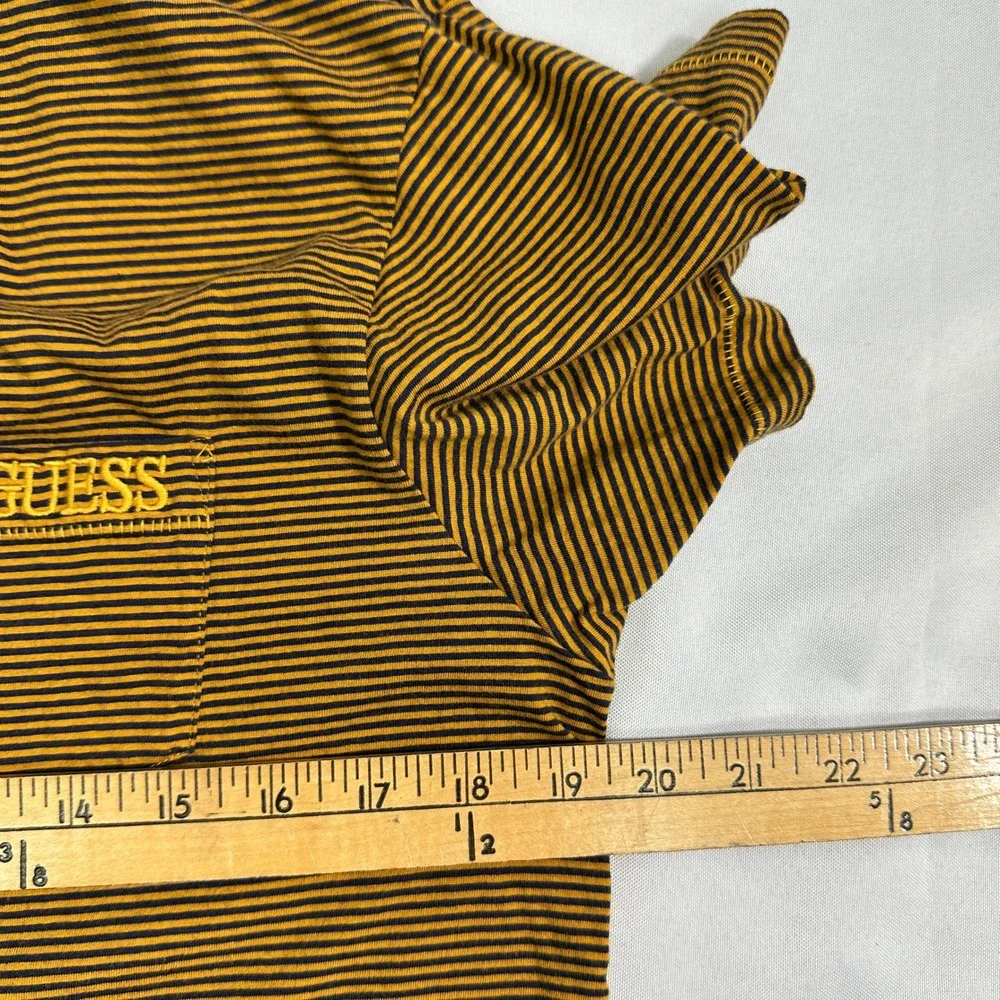 Guess Striped Pocket Tee Mens Large Yellow Navy Retro Streetwear Casual - Picture 5 of 6